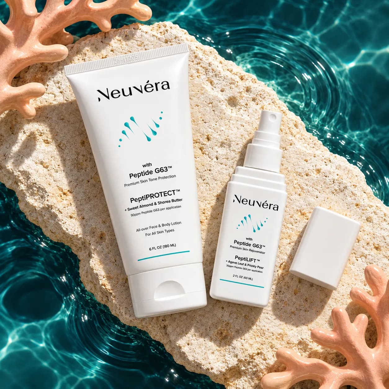 Neuvéra PeptiLIFT facial prep spray and PeptiPROTECT body lotion on stone surrounded by teal water and coral-inspired props