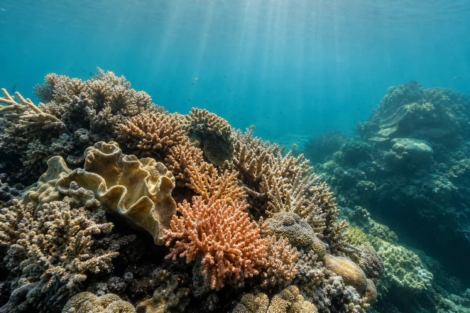 Illustrative underwater coral reef with branching forms in teal water