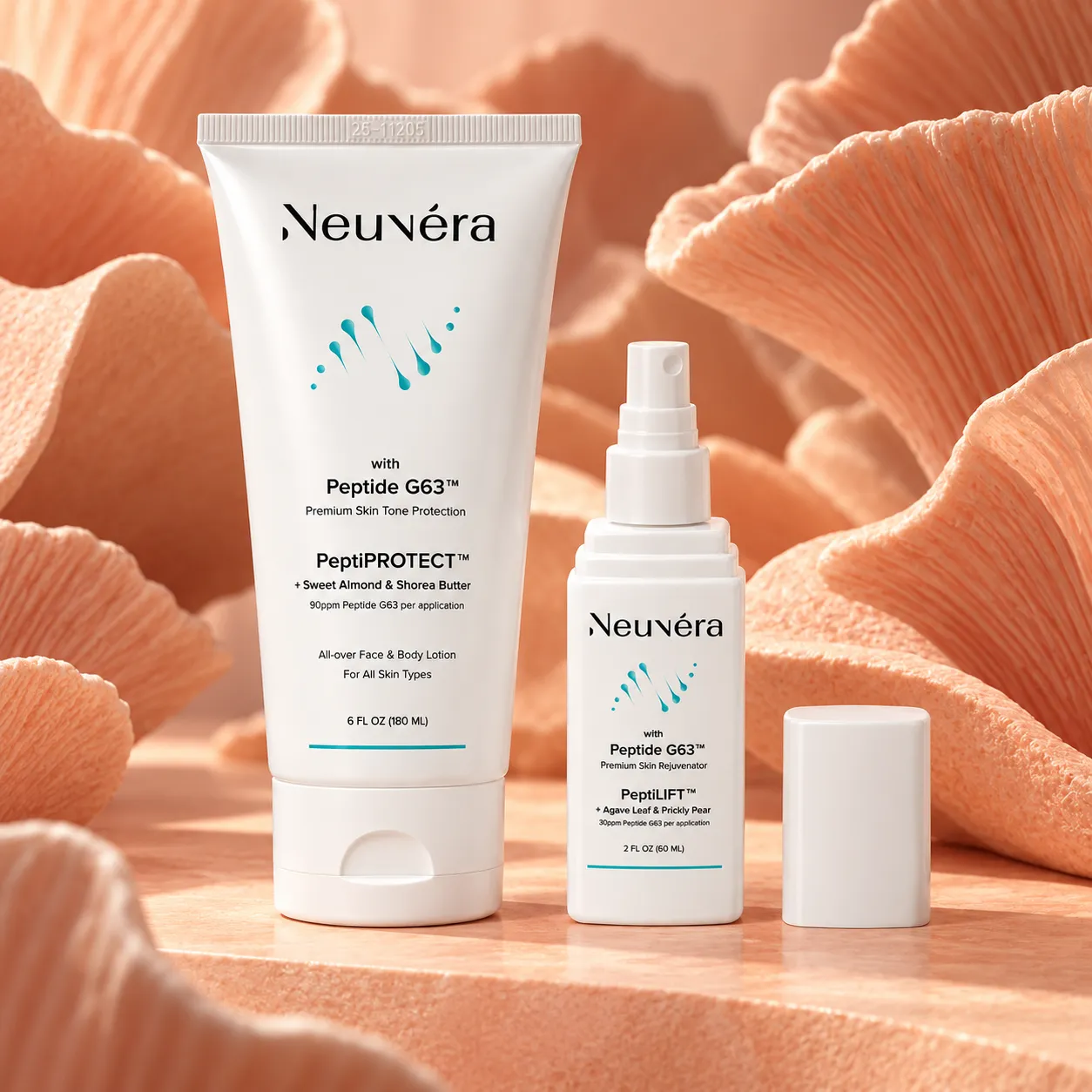 PeptiLIFT spray and PeptiPROTECT lotion in a coral-inspired setting