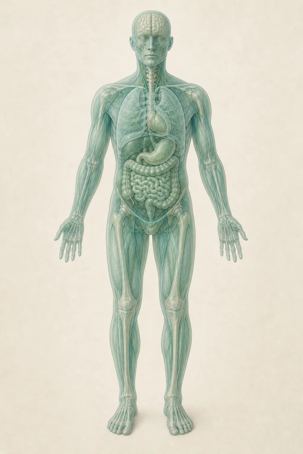 Front-facing anatomical human illustration showing the brain, internal organs and musculoskeletal structure