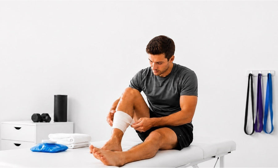 Athlete sitting on a treatment table applying a bandage to his calf for sports injury recovery