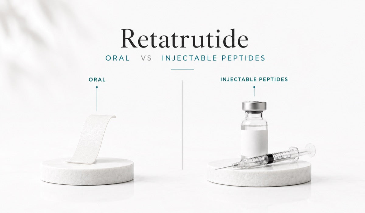 Comparison graphic showing Retatrutide in two formats: an oral dissolving strip and an injectable vial with syring