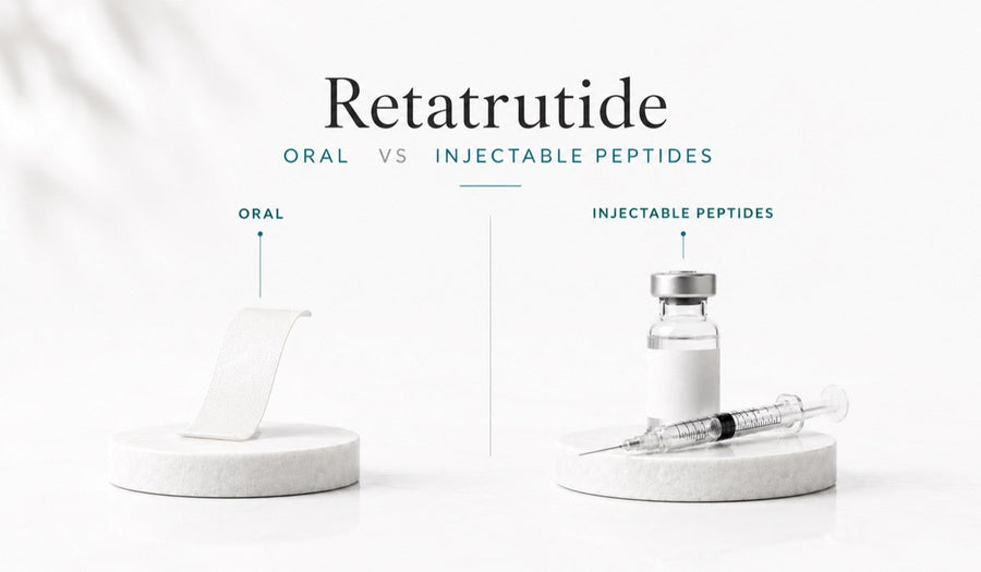Comparison graphic showing Retatrutide in two formats: an oral dissolving strip and an injectable vial with syring