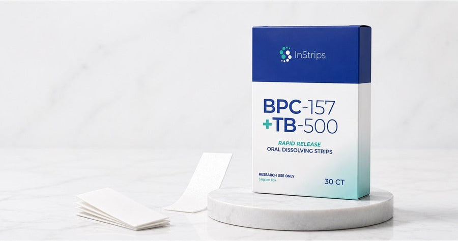 InStrips BPC-157 and TB-500 oral dissolving strips box showing the rapid release format.