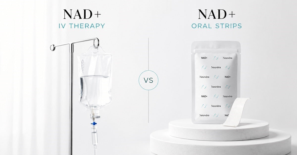 NAD+ IV therapy bag next to NAD+ oral strip pouch, comparing the two delivery formats