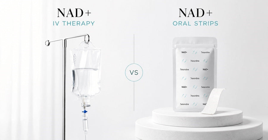 NAD+ IV therapy bag next to NAD+ oral strip pouch, comparing the two delivery formats
