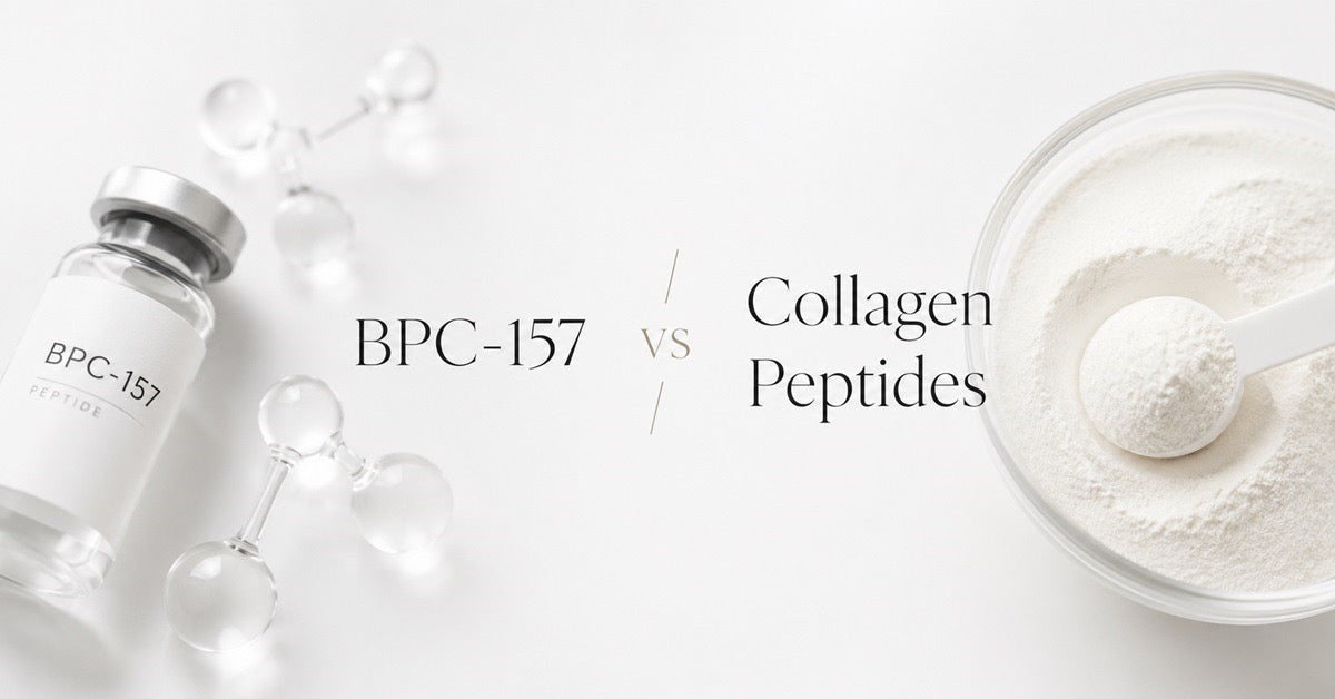 Side-by-side image comparing a BPC-157 peptide and collagen peptides