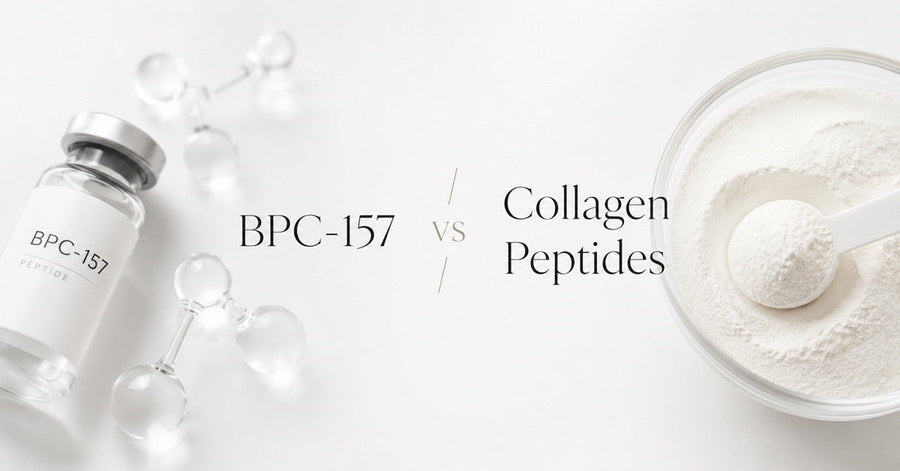 Side-by-side image comparing a BPC-157 peptide and collagen peptides