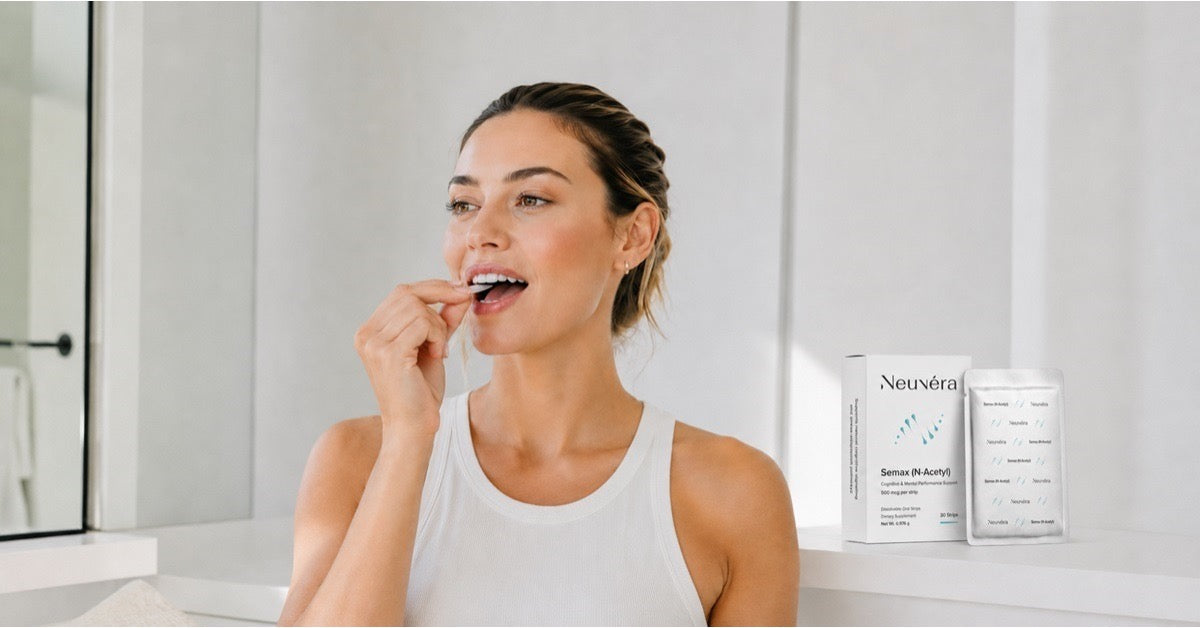 Woman placing a Neuvéra Semax N-Acetyl oral dissolving strip on her tongue