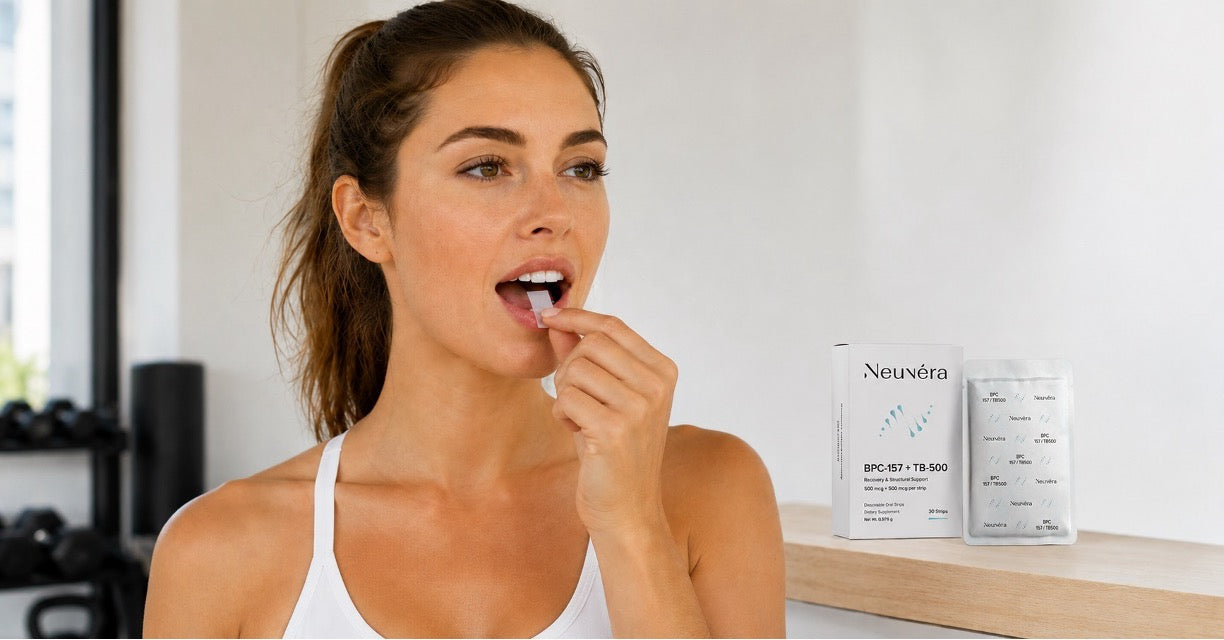 Woman using a Neuvera BPC-157 + TB-500 oral dissolving strip, showing the needle-free format for daily recovery routines.