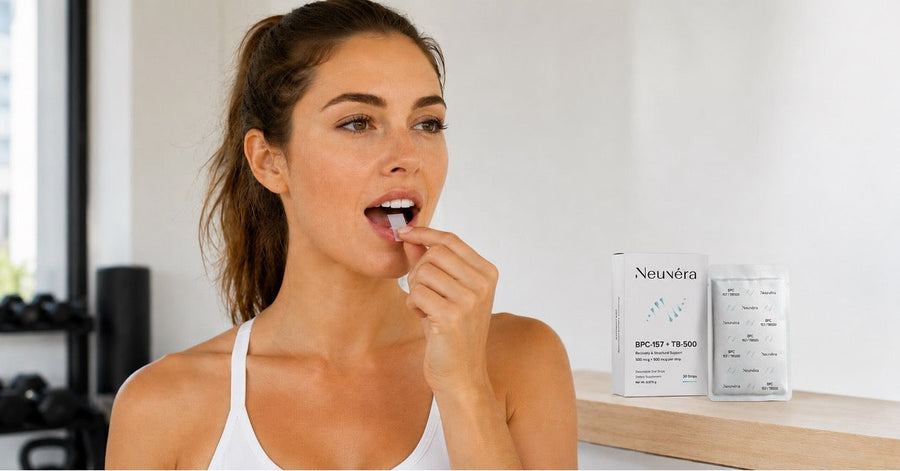 Woman using a Neuvera BPC-157 + TB-500 oral dissolving strip, showing the needle-free format for daily recovery routines.